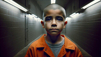 A Hispanic boy wearing a orange jumpsuit at a Juvenile detention facility. A total of 20% of youths in  juvenile facilities are Latinx, and they comprise 25% of all youth across the United States.