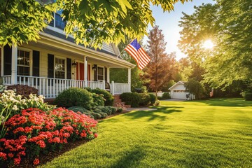 American flag on a american traditional house. Memorial day. The flag is flown on a national holiday.