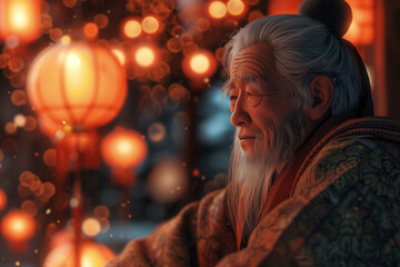 Obraz premium an old man sitting to celebrate lunar new year ai generative