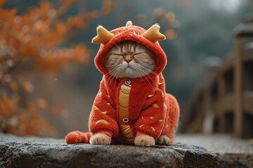 Feline Fashion: A Cute Kitty in a Dragon Costume for Halloween Generative AI
