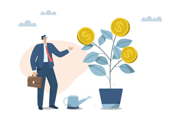 Investment growth or business profits, Stock market returns or wealth from savings, A male investor takes care of a growing money plant and is issuing coins. Vector design illustration. - obrazy, fototapety, plakaty