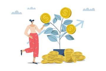 Profit growth or increased income from investments, Interest from deposits or wealth from savings, Female investor takes care of growing money plant and is issuing coins. Vector design illustration. - obrazy, fototapety, plakaty