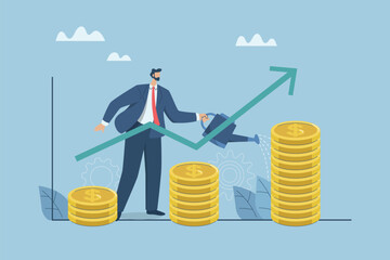 Growth or increased income from financial investment, Stock market returns or business profit growth, Male investor watering growing money plant and Financial charts are growing.