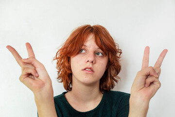 beautiful teenage girl with a stylish short anime hairstyle on a light background