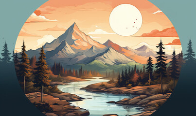 Round logo depicting a natural landscape with mountains.