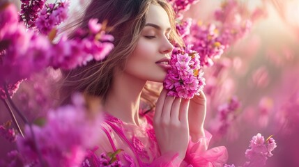International Women's Day. Extremely happy woman in a bright pink dress is smelling a bunch of spring flowers, which she is holding in her hands.