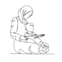 Muslim woman reading a book to a child