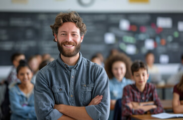 young male teacher standing in front of students