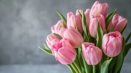 Light pink tulip bouquet on a plain background shot with soft light and a shallow depth of field