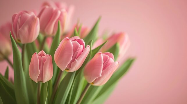 Light pink tulip bouquet on a plain background shot with soft light and a shallow depth of field