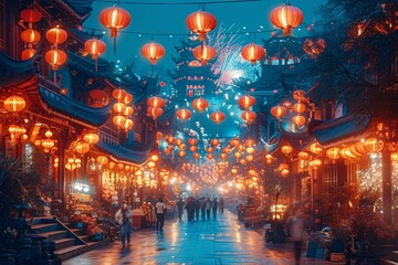 Chinese New Year Celebration: A Lively Nighttime Street Scene Generative AI