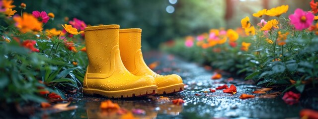 yellow wet boots on the path bordering colorful flowering bushes - obrazy, fototapety, plakaty