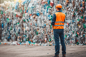 Engineer Standing and looking back The plastic bottle in the recycling industry. A man controls the flow of recycling.