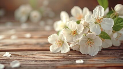 Naklejka na ściany i meble white flowers on a wooden background spring freshness background