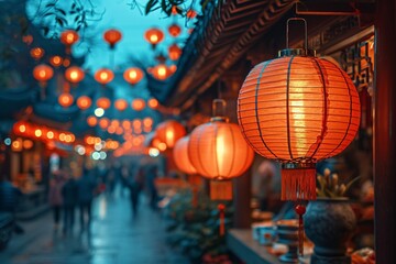 Chinese Lanterns Illuminate the Night Sky Generative AI