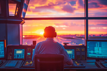 Man working as air traffic controller in airport control tower, sunset, edited colors. Men monitors when the runway and the weather will be suitable for the plane to land. - obrazy, fototapety, plakaty