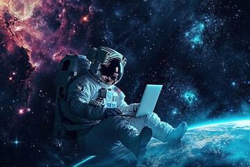 Contemplative Astronaut on Laptop in Space