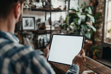 Obraz premium cropped view of man holding digital tablet with blank screen at home