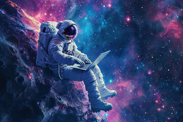 An astronaut with a reflective visor typing on a laptop against a cosmic backdrop - obrazy, fototapety, plakaty