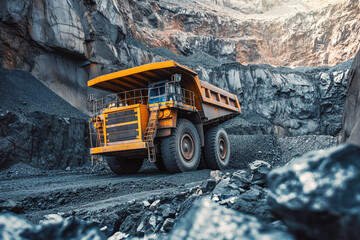 Mining truck in a coal mine loading coal. Mining truck mining machinery for transporting coal from open pit as coal production.