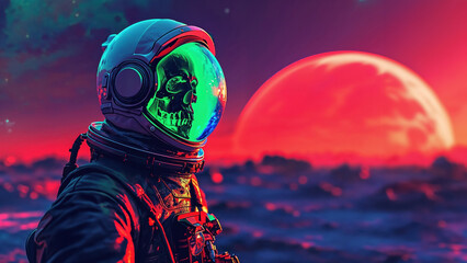 Astronaut with a skull visor standing on an alien planet with a red sunset