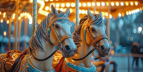 Fototapeta na wymiar two horses on a carousel in the city,
