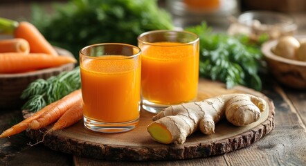 two glasses with juice, carrots and ginger on a wooden board