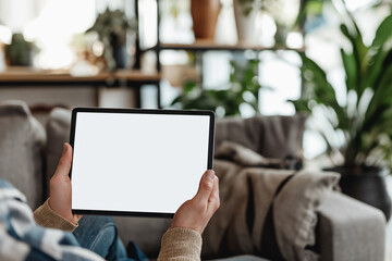 cropped view of man holding digital tablet with blank screen at home