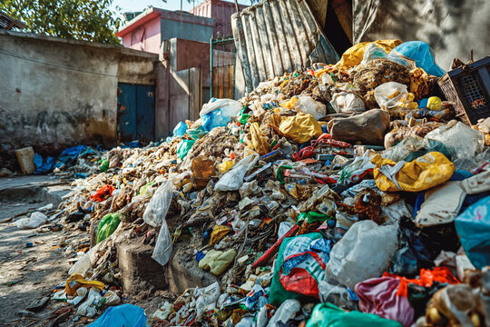 Significant pile of domestic waste emphasizing the pressing environmental issue of over consumption and subsequent waste generation