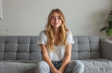 young woman sitting on an gray couch