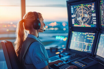 Woman working as air traffic controller in airport control tower. Women is waiting to tell the pilot of the plane that it can land safely. - obrazy, fototapety, plakaty