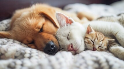 Fototapeta na wymiar puppy and kitten sleep portrait