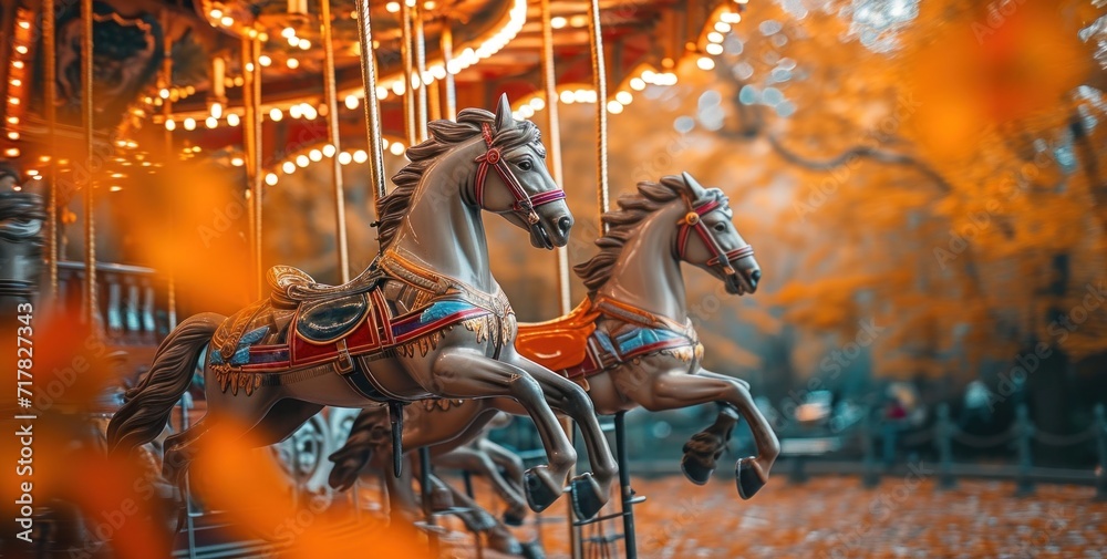 Wall mural two wooden carousel horse on an autumn day