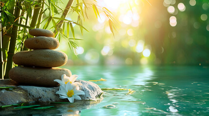 Stones water and bamboo spa. Selective focus.