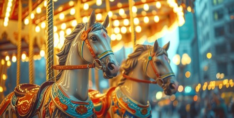 two horses on a carousel in the city,
