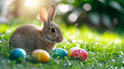 Fototapeta na wymiar fluffy bunny with easter eggs