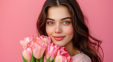 Obraz na płótnie Canvas young beautiful woman holding beautiful bouquet of tulips