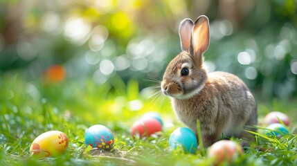 Fototapeta na wymiar fluffy bunny with easter eggs