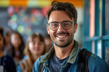 Fototapeta premium young male teacher standing in front of students