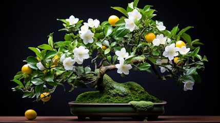 A dynamic image of a Dwarf Citrus Bonsai in bloom, with delicate white flowers against a backdrop of rich green leaves, creating a visually stunning display.