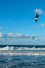 Kite surfing.Windsurf.Kite boarding.
To fly a kite. Surfers of all ages train in the Mediterranean. Flying a kite on the beaches of Cyprus.