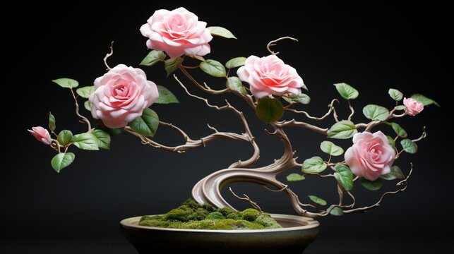 A dynamic image of a Rose Bonsai in the midst of a gentle breeze, with the delicate petals and leaves in motion, creating a sense of natural movement.