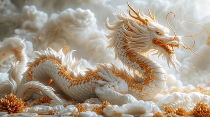 Dragon's Den: A Fantasy World of White and Gold Generative AI