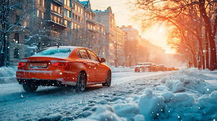 A car stuck in the snowdrift, an automobile is covered with snow and ice in winter, winter road transport collapse. Very cold frosty snowy weather. - obrazy, fototapety, plakaty