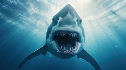 Bottom view of an ocean shark from below. Opening a dangerous mouth with many teeth