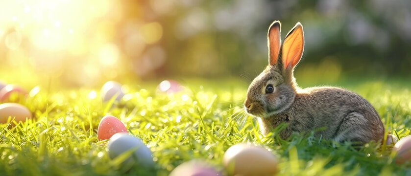 Easter bunny with colorful eggs on the grass. The cute rabbit sitting on the meadow with decorated Easter Eggs. Springtime religious holiday banner for advertisement with copy space for text. Raster .