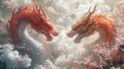 Dragon Dance Party: A Fantasy Artwork of Two Red Dragon Beasts Generative AI