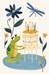 Cute frog and dragonfly sharing birthday joy. - 717829573