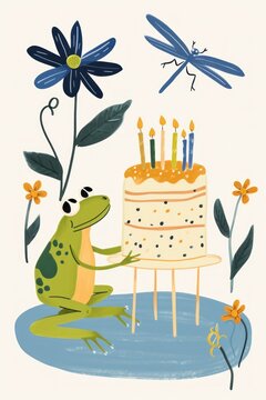 Cute frog and dragonfly sharing birthday joy.