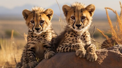 Cheetah brothers on the rocks in the savannah